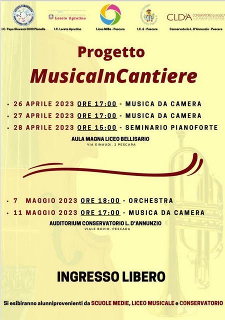 26 aprile 2023 ore 17:00 musica da camera. 27 aprile 2023 ore 17:00 musica da camera; 28 aprile 2023 ore 15:00 seminario di pianoforte. Presso l'aula magna del Liceo Bellisario, via Einaudi 2 Pescara. 7 maggio 2023 ore 18:00 orchestra; 11 maggio 2023 ore 17:00 musica da camera, presso l'auditorium conservatorio "D'Annunzio", viale Bovio, Pescara. Ingresso libero. Si esibiranno gli alunni provenienti da scuole medie, liceo musicale e conservatorio